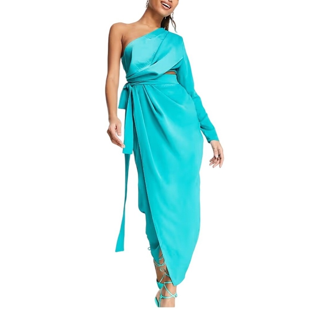ASOS DESIGN Womens One Shoulder Drape Wrap Maxi‎ Dress Turquoise Blue Size 6
